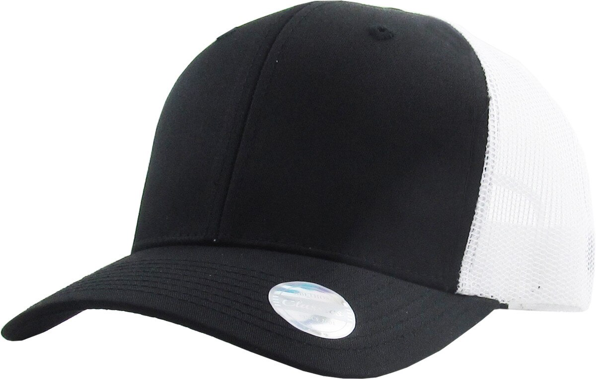 Black White Two Tone Classic 6 Panel Trucker Mesh Snapback Front Side View